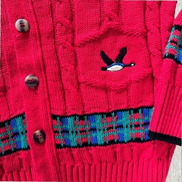 KITESTRINGS Vintage Red Duck Geese Cable Knit V Neck Cardigan Sweater Boys 8 10 - Picture 3 of 4
